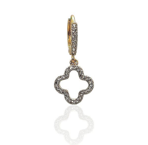 Brinco pendulo argola e trevo cravejados banhado ouro