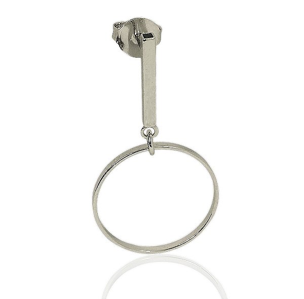 Brinco haste tubular e argola na ponta banhado ródio branco