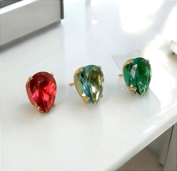 Brinco gota com zircônia colorida banhado ouro