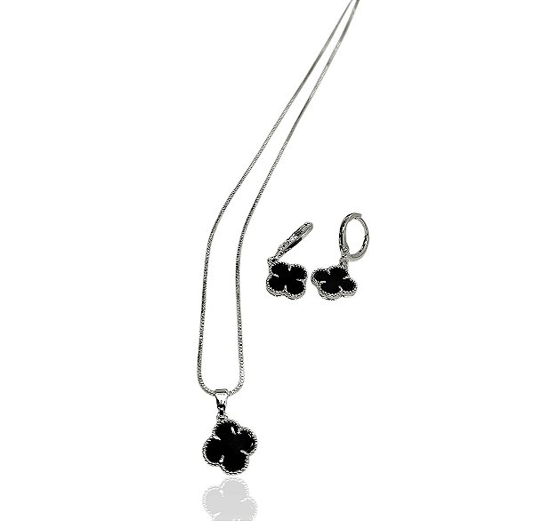 Conjunto trevos onix choker 45cm+brinco  banhado prata