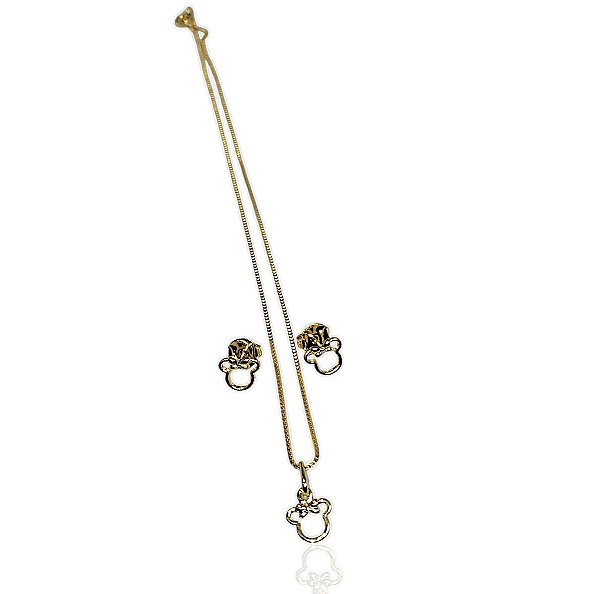 Conjunto Infantil minnie perfil gargantilha 35cm+brinco banhado ouro