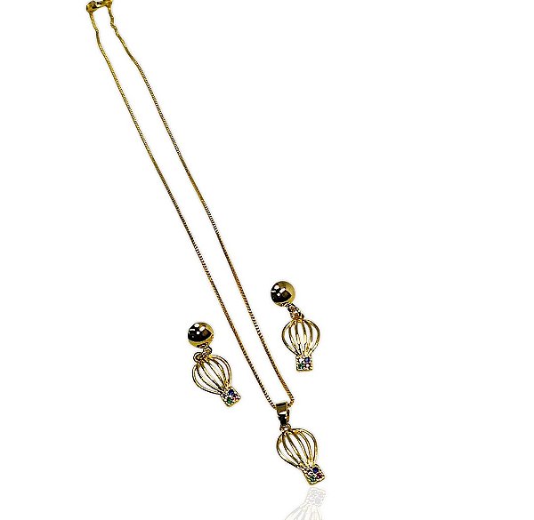 Conjunto infantil balões coloridos gargantilha 35cm+brinco banhado ouro