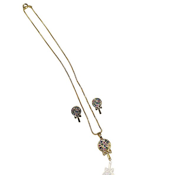 Conjunto infantil pirulito colorido gargantilha 35cm+brinco banhado ouro