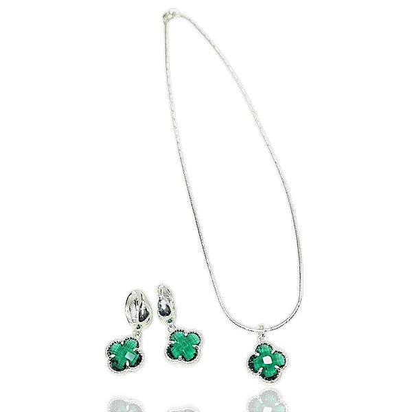 Conjunto trevos esmeralda choker 40cm+brinco banhado prata