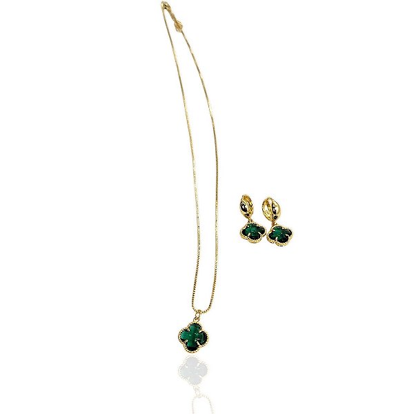 Conjunto trevos esmeralda gargantilha 45+5cm+brinco banhado ouro