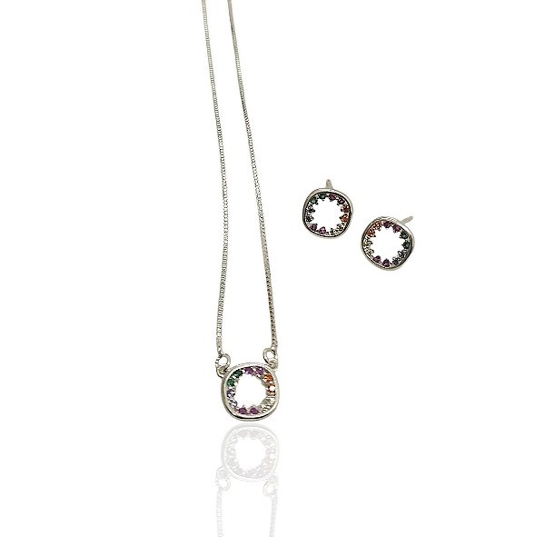 Conjunto círculo colorido choker 39+5cm+brinco banhado prata