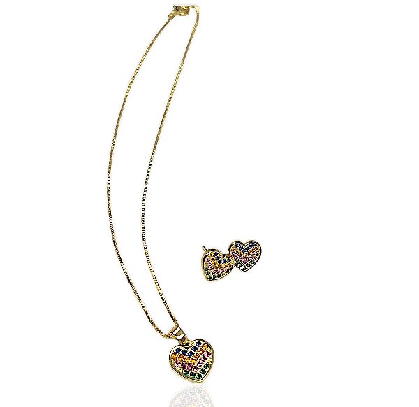 Conjunto infantil corações coloridos choker 35cm+brinco banhado ouro