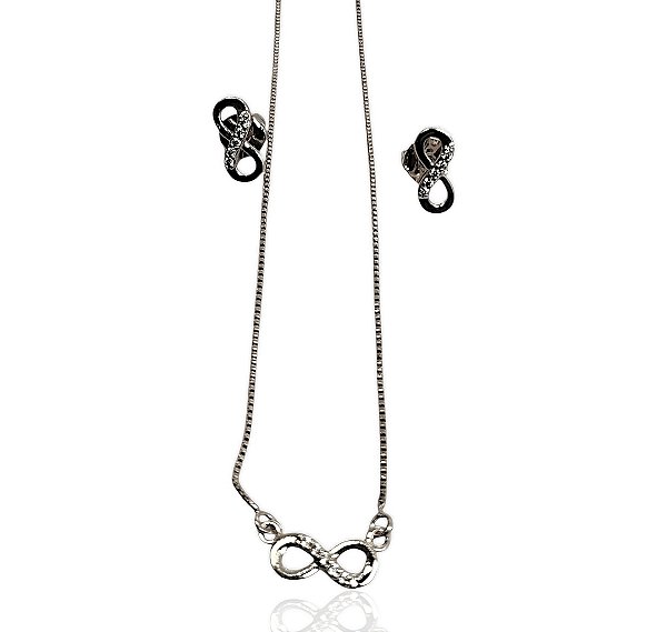 Conjunto infinito cravejado gargantilha 47cm+brinco banhado prata