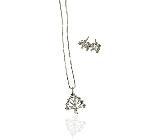 Conjunto árvore da vida cravejada gargantilha 44cm+brinco banhado prata