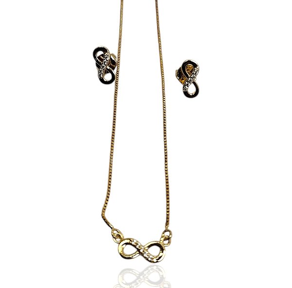 Conjunto infinito cravejado gargantilha 47cm+brinco pontos de luz banhado ouro