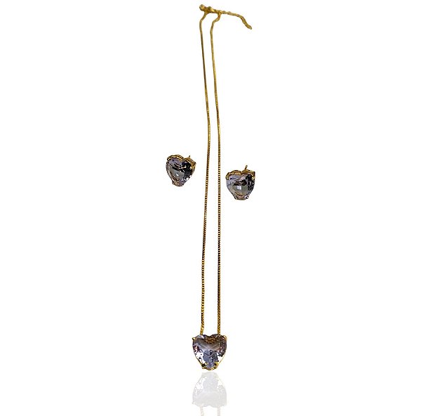 Conjunto coração zircônia colorida choker 39+5cm+brinco banhado ouro