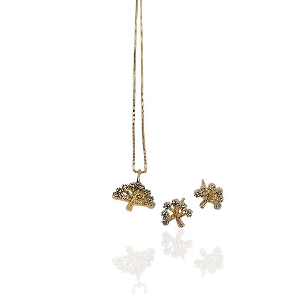 Conjunto árvore da vida cravejada gargantilha 44cm+brinco banhado ouro