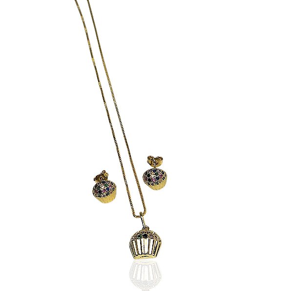 Conjunto infantil cupcake cravejado colorido choker 35cm+brindos banhado ouro