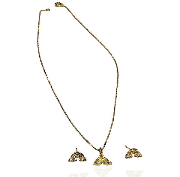 Conjunto infantil arco íris choker 35cm+brinco banhado ouro