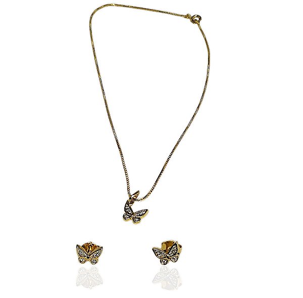 Conjunto infantil borboletas com ródio choker 35cm+brinco banhado ouro