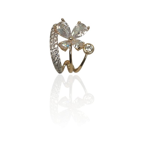 Brinco flor ear hook com zircônias e ródio banhado ouro