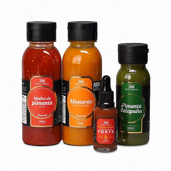 Combo Molho de Pimenta Suave, Mostarda com Mel e Pimenta, Pimenta Jalapeño e Carolina Reaper