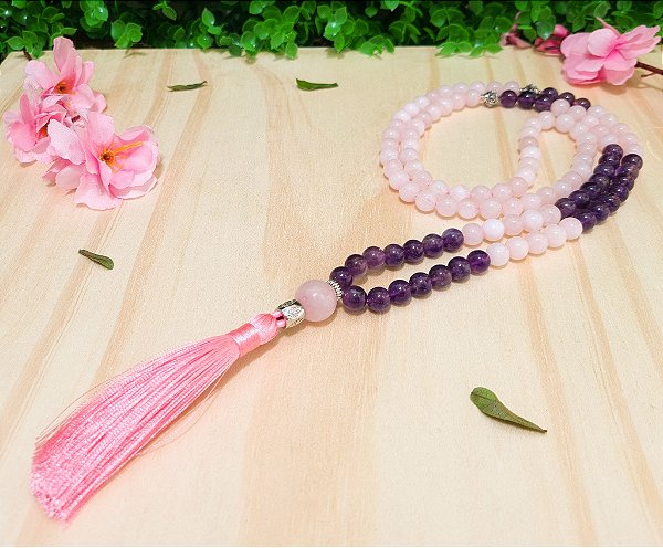 Japamala de Pedra Quartzo Rosa e Ametista com 108 Contas