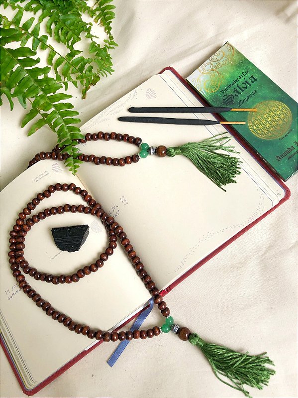 Kit Meditação - Japamala madeira, Incenso Ananda e Turmalina negra
