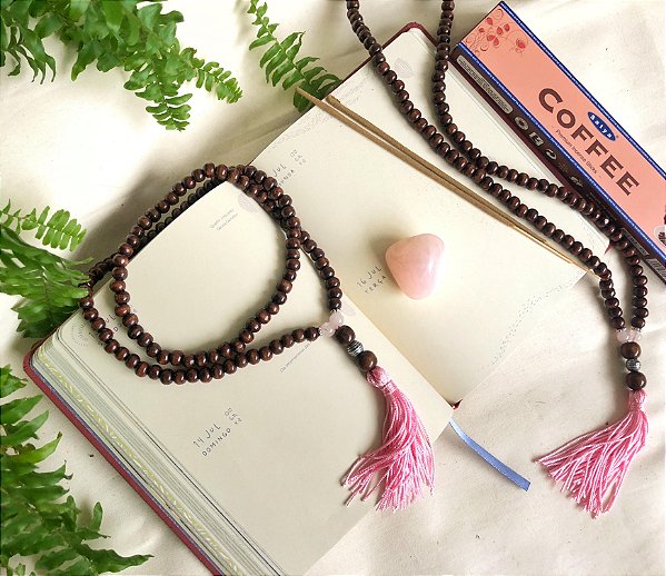 Kit Meditação - Japamala madeira, Incenso Satya Café e Quartzo Rosa
