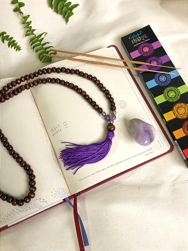 Kit Meditação - Japamala madeira, Incenso Goloka Chakra e Ametista