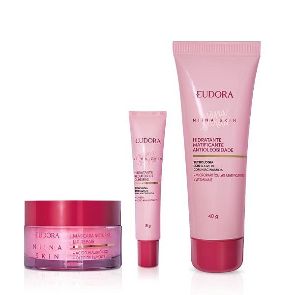 Kit Niina Secrets Skin: Matificante Antioleosidade 40g + Redutor de Olheiras 15g + Máscara Labial Noturna 9g