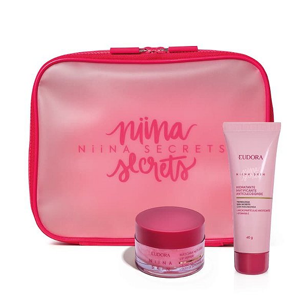 Kit Niina Secrets: Hidratante Matificante Antioleosidade 40g + Máscara Labial Noturna Lip Repair 9g + Nécessaire Pink