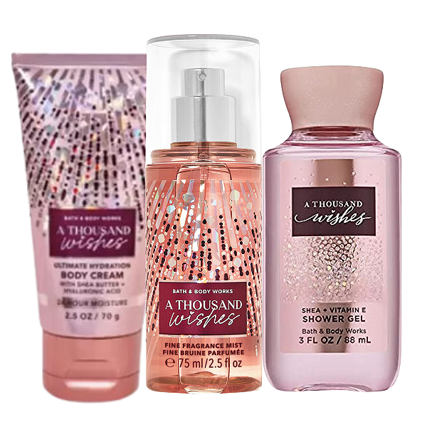 Kit Travel Size A Thousand Wishes Bath & Body Works: Body Splash 75ml + Body Cream 70g + Body Wash 88ml