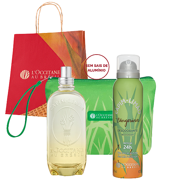 Kit Natal L'Occitane: Colônia Capim-Limão Maracujá 100ml + Desodorante Tangerina 150ml + Necessaire + Sacola Presenteável