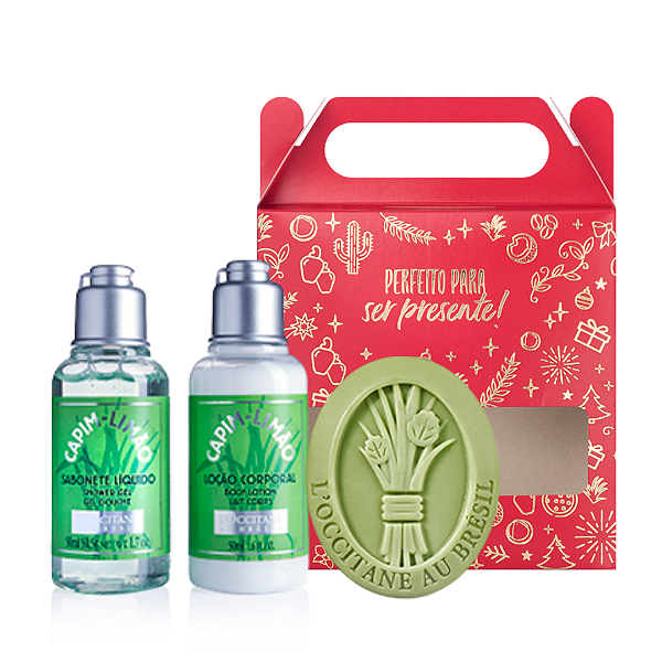 Presente Viagem Capim-Limão L'Occitane:  Sabonete em Barra + Hidratante Corporal 50ml + Sabonete Liquido 50ml