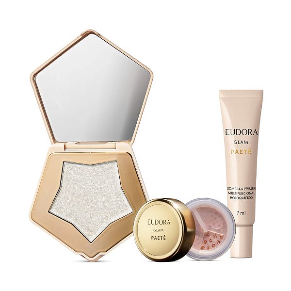 Kit Glam Paetê: Iluminador Multifuncional 5g + Glitter Multifuncional Rosê 1g + Sombra & Primer 7ml