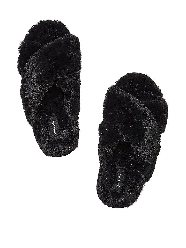 Pantufa Faux Fur Preta PINK Victoria's Secret - Tamanho: M