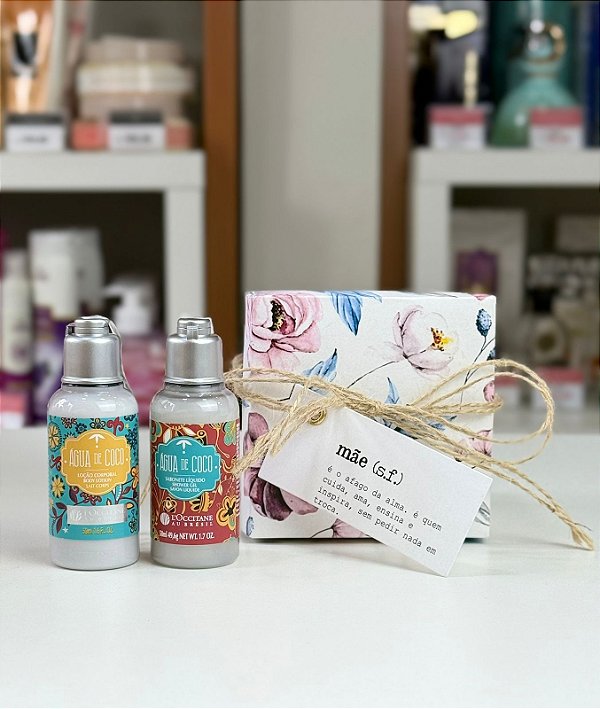 Kit Água de Coco L'occitane: Hidratante Corporal 50ml + Sabonete Liquido 50ml + Caixa Presenteável