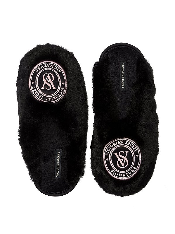 Pantufa Closed-Toe Faux Fur Preta PINK Victoria's Secret - Tamanho: G