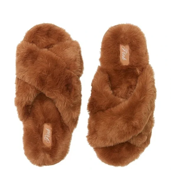 Pantufa Faux Fur Marrom PINK Victoria's Secret - Tamanho: M