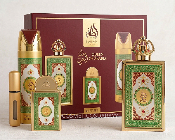 Kit Queen of Arabia Lattafa: Eau de Parfum 100ml + Mini 20ml + Spray Corporal 200ml (Ref. Olfativa Vanilla Powder)