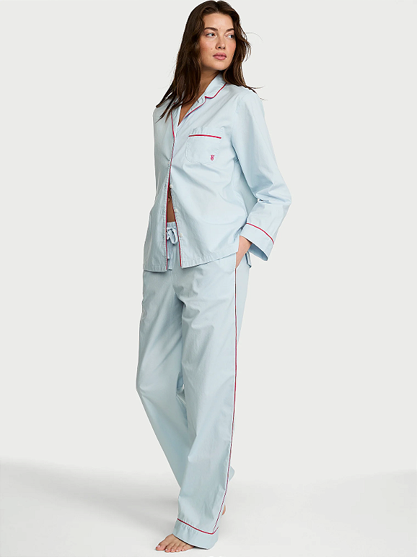 Pijama Longo Heritage em Algodão Azul Celeste Victoria's Secret Tamanho: P