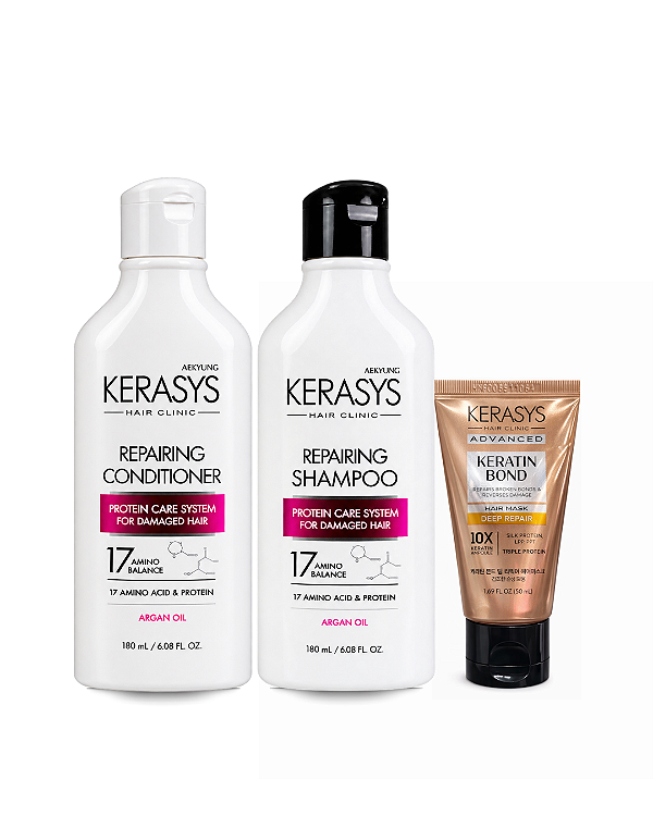Kit Kerasys Repairing Argan Oil Duo + Keratin Bond Deep Repair Hair: Shampoo 180ml + Condicionador 180ml + Máscara 50 ml