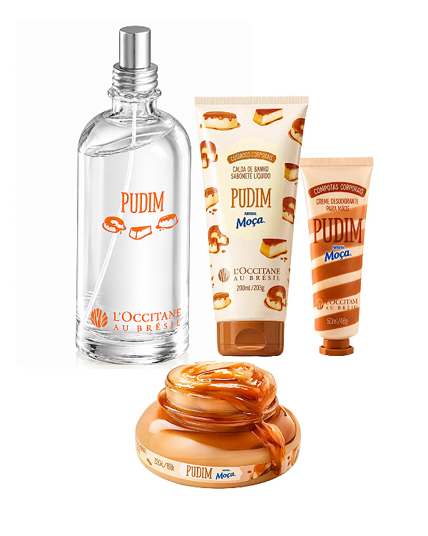 Pré-Venda Kit Pudim L'Occitane: Spray Perfumado 200ml+ Hidratante Corporal 200ml+ Sabonete em calda 200ml+ Creme para mãos 50ml