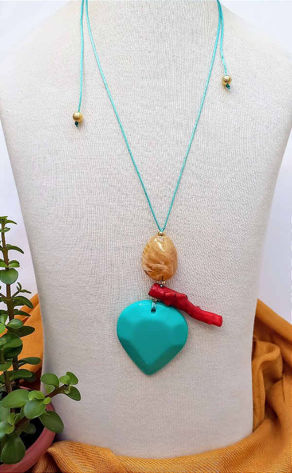 Colar Longo Gota Turquesa e Coral.