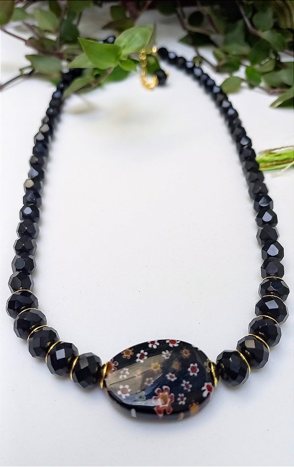 Colar Curto Preto Murano Floral.