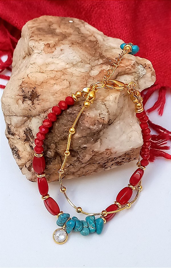 Pulseira Turquesa Coral Duas Voltas.