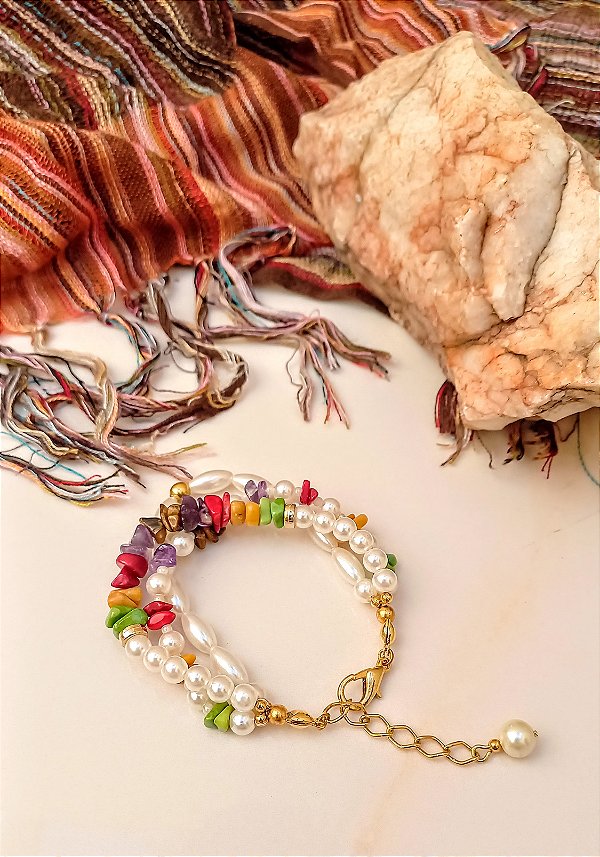 Pulseira Tripla Cascalhos Pérolas.