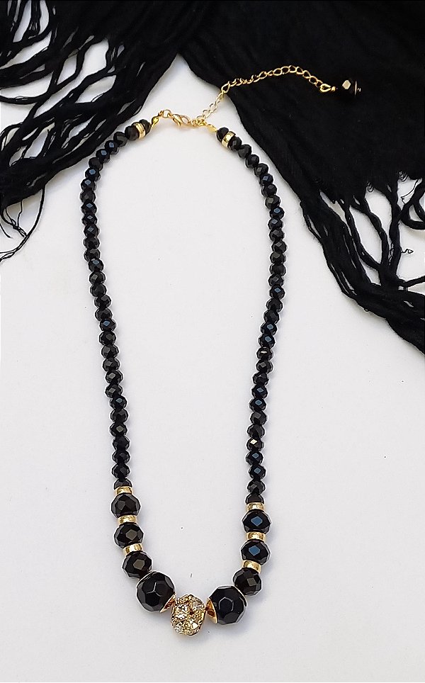 Colar Curto Preto Esfera Strass.