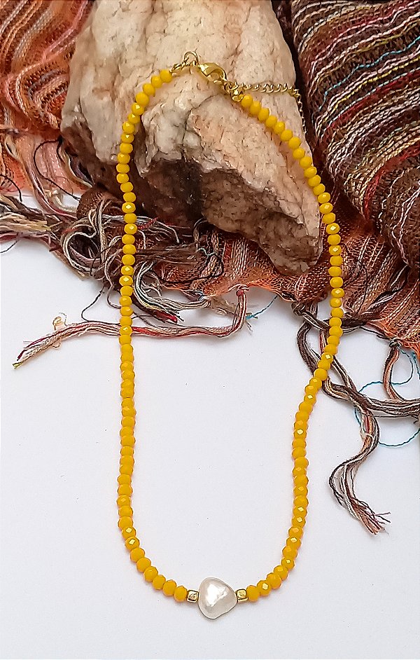Colar Cristal Amarelo Pérola.