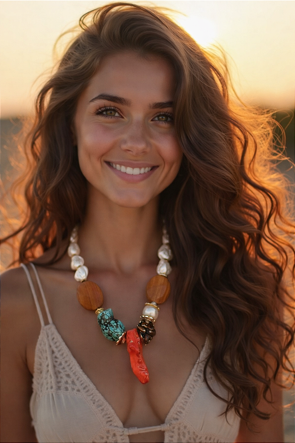 Colar Curto Rústico Coral.