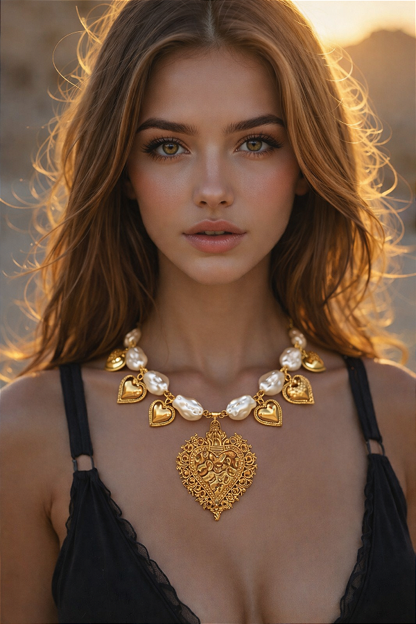 Colar Curto Corações Pérolas.