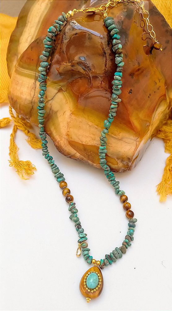 Colar Curto Gota Olho de Tigre e Amazônita.