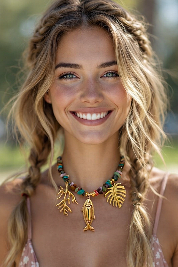 Colar Curto Cascalhos e Pingentes.