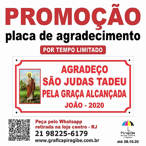 Placa de Agradecimento - SÃO JUDAS TADEU - 20X10CM - PVC